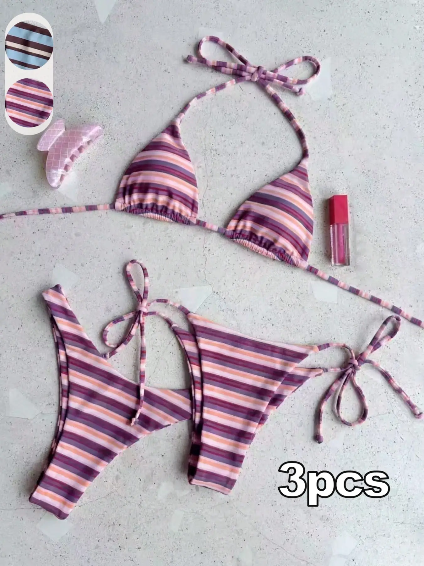 3pcs Women's Summer Casual Color-Blocked Striped Camisole Swimsuit, Two-Piece Vacation Set with Character Swim Trunks, Beach Summer Fit Bikini Swimwear Set, Beachwear, Bathing Suits Set, Striped Swimsuits, Bikini Outfits