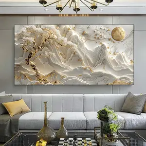 1 piece canvas painting with wood frame, abstract gold and white marble design with moon and floral decoration, large canvas wall art, suitable for decorating room, living room, office, etc