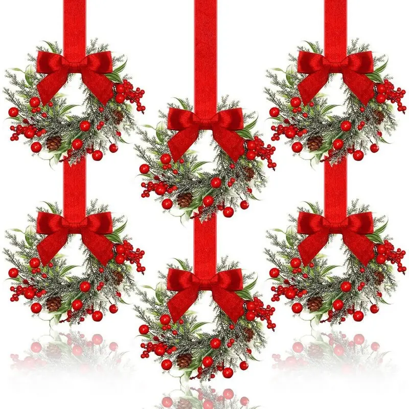 Christmas Mini Cabinet Wreaths Set of 6, Kitchen Decor with Ribbon Bow, Berry Small Window Wreath, Farmhouse Christmas Party Decoration, Festive Touch, Holiday Decor, Christmas Decorations