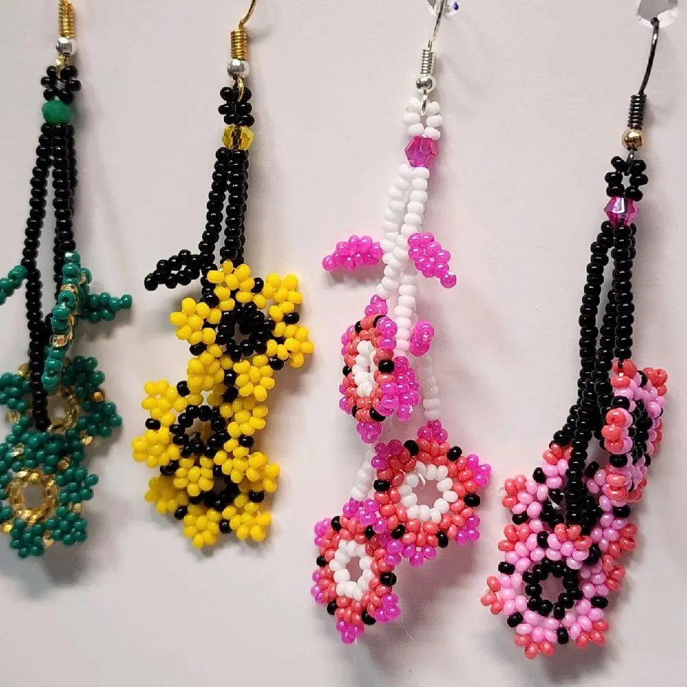 Beaded Flowered Earrings for Summer - Colorful Beaded Design with White, Green Color Beads