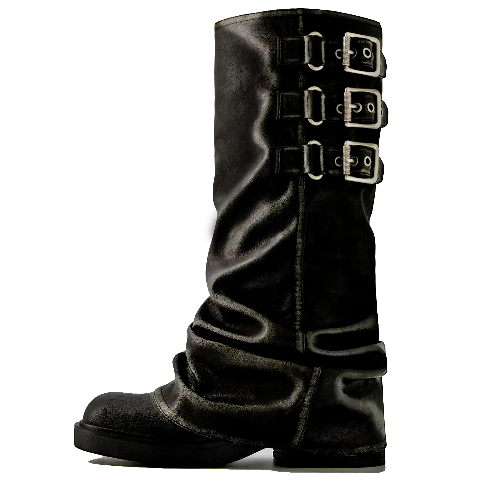 Women's Knee High Riding Boots Fashion Buckle Square Toe Chunky Heel Wide Calf Biker Boots Gril Comfort Footware Fashion Shoes buckle boots knee high Leather Footwear Comfortable Girl Walking Shoes Bota Brown