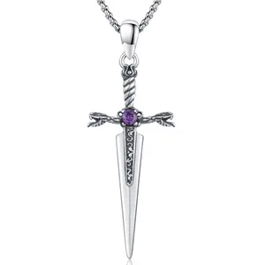 DRINSPER S925 Sword Pendnat Necklace for Women Men, Vintage Viking Sword Design, Dagger Shaped Design Sterling Silver Pendant, Gothic Jewelry Gift for Boyfirend & Girlfriend