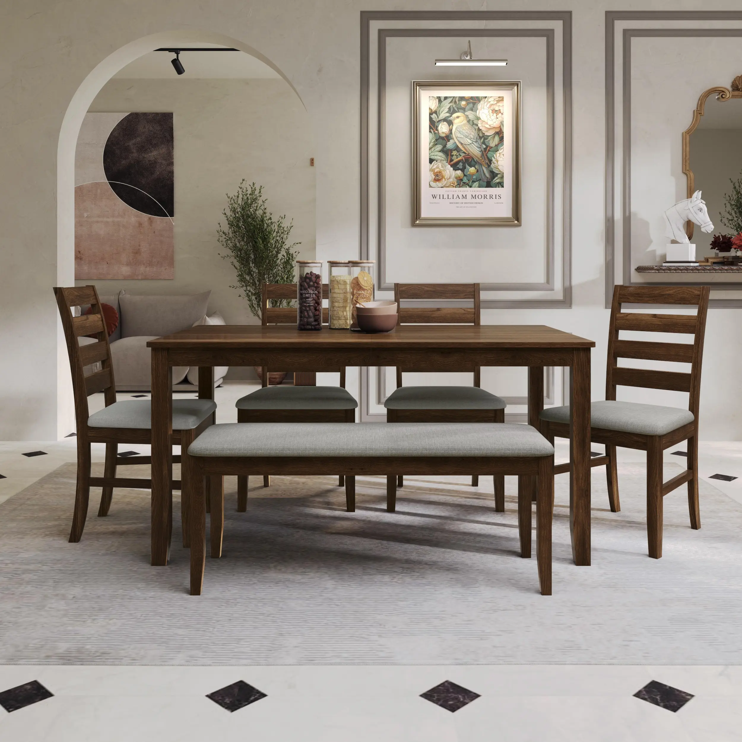 Favorer Ouray 6-Piece Wood Dining Room Set, Brown-Black - Rectangular Table, Ladder Back Chairs, Upholstered Bench, Foam-Padded Seats, Classic Dining Room Furniture for Up to 6 People, Gray Linen Fabric