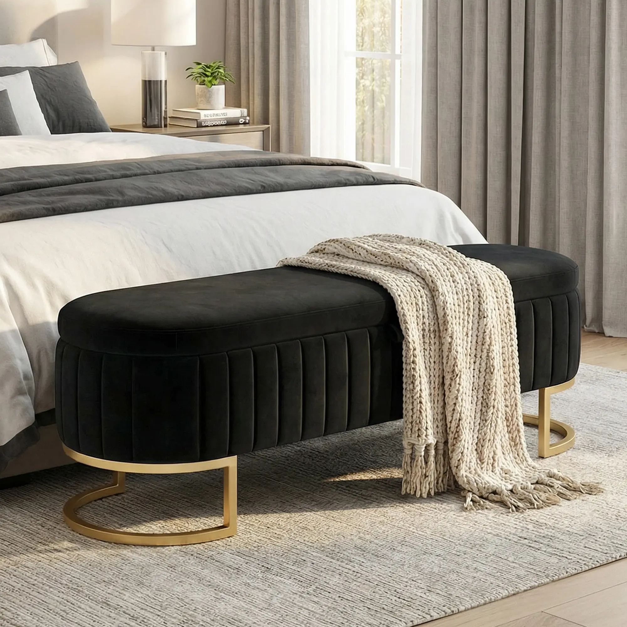 Homeokay Backless Mid-Century Ottoman with Storage Bench - 51in/65in Velvet Upholstered Tufted Footstools & Ottomans, Upholstered Tufted Footstools & Ottomans for Bedroom, Living Room Decor Multipurpose Furniture