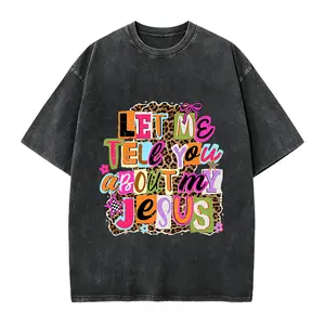 Let Me Tell You About My Jesus" T-shirt, Christian-style leopard print, faith quote T-shirt design, religious Easter shirt.