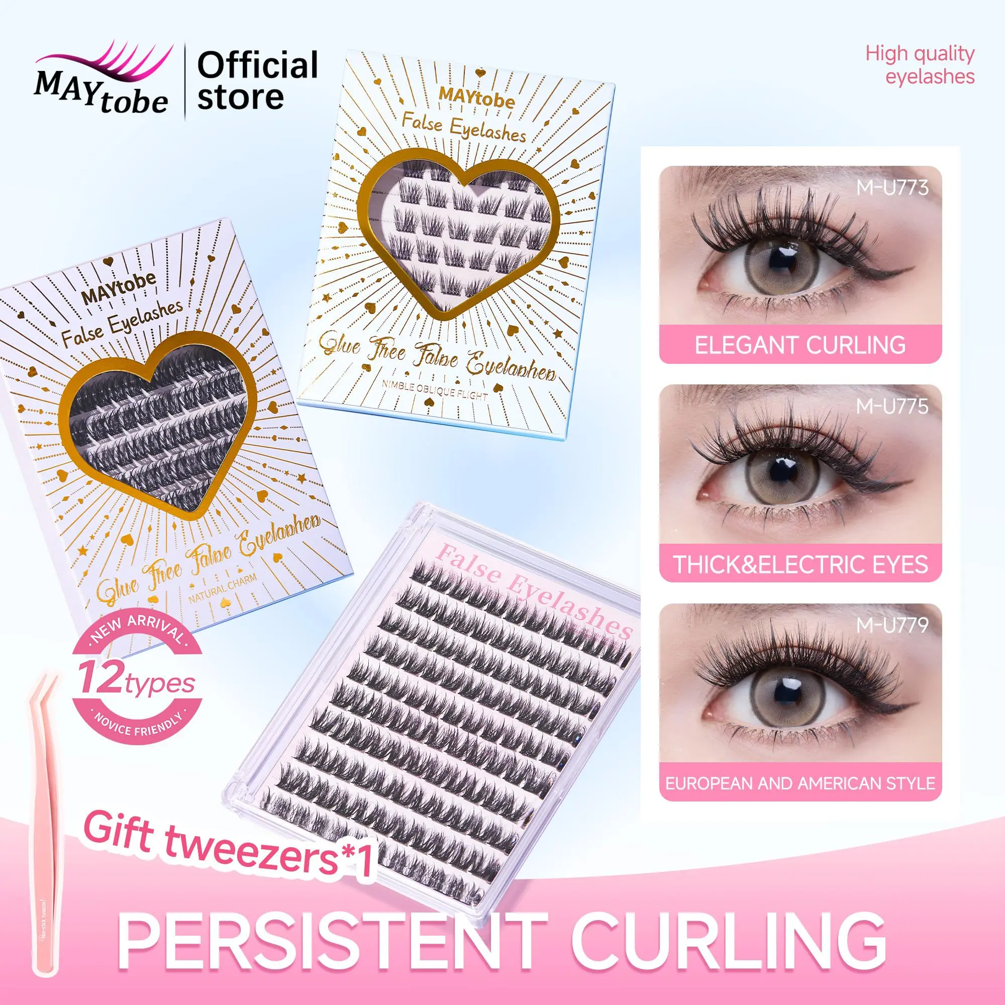 MAYtobe Press On Lash Clusters Kit - No Glue Self-Adhesive 3D Wispy C-Curl Lashes | 60-120 Pcs Reusable DIY Eyelash Extensions (14-16mm) with Tweezers for Clean Girl Makeup Daily Wear