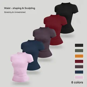 Women's solid color crew neck sports t-shirt, sports short sleeve crew neck t-shirt, slim fit and stretchy, perfect for yoga, gym, workout, daily outdoor wear, women's sportswear