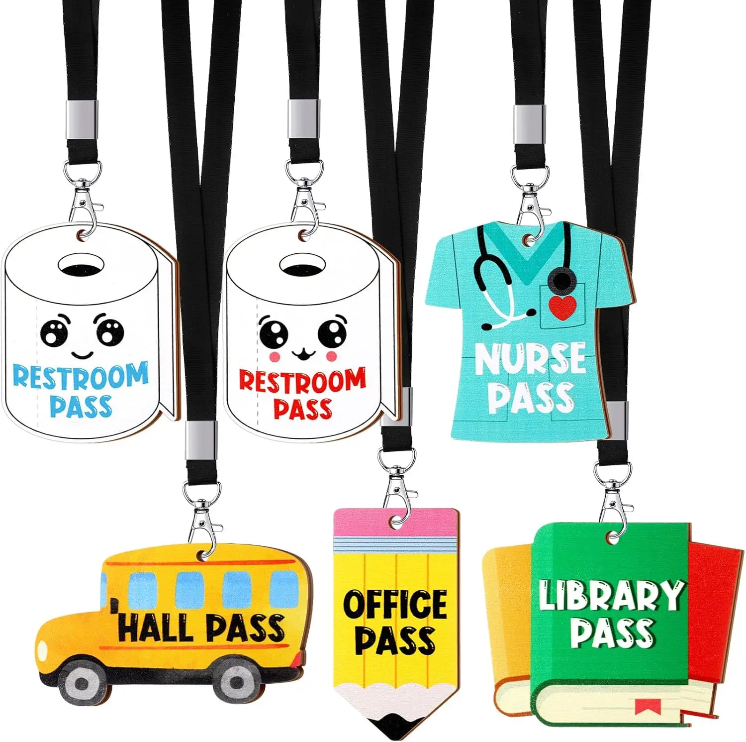6/12/16 Pcs Hall Pass Set with Lanyards for Teachers, Back to School Teacher Gift, 6cm/2.6inch Classroom Bathroom Nurse Office Library Passes for Elementary & Middle School, First Day of School Classroom Setup & Student Management Supplies