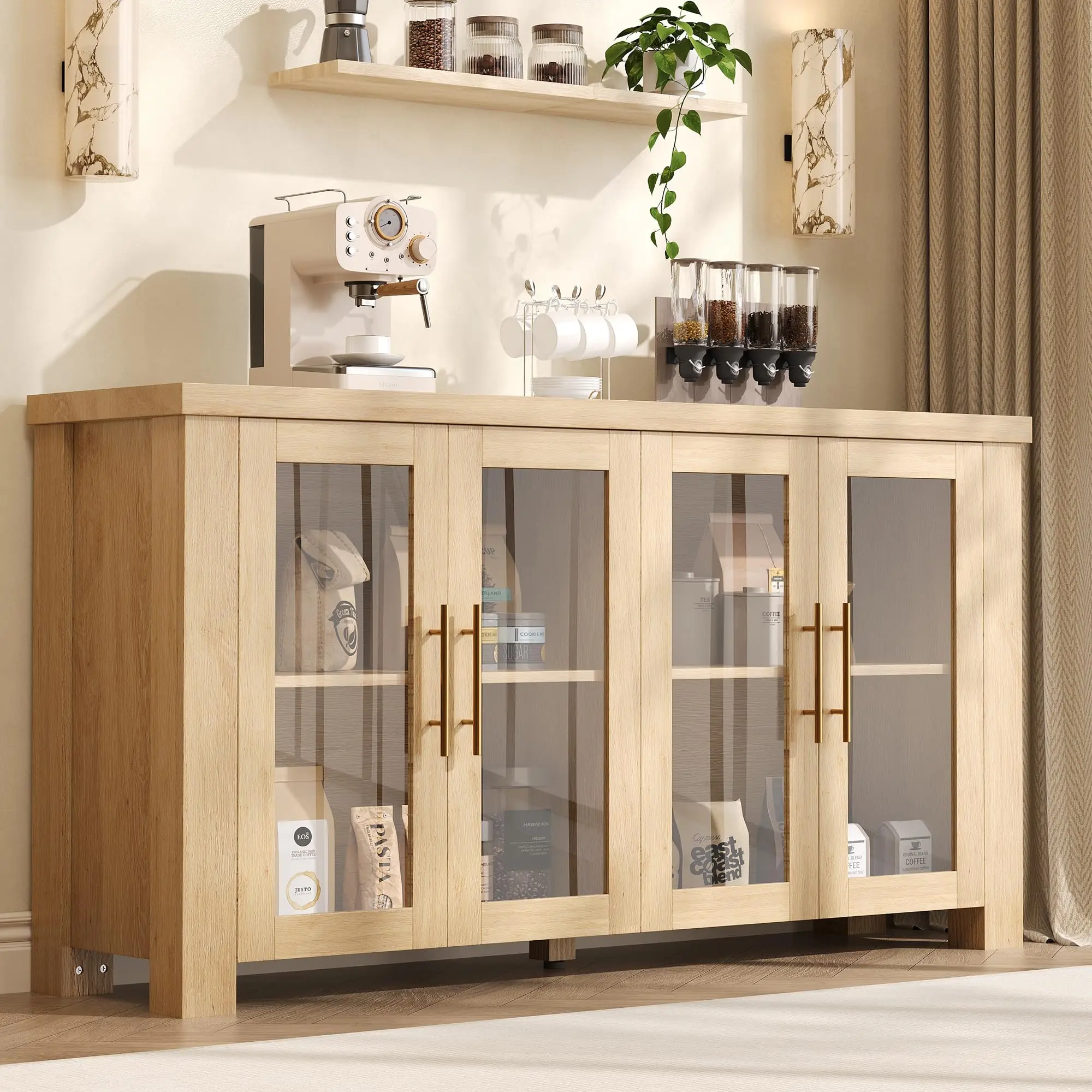 Garvee Freestanding Storage Cabinet - 59" or 31.5" Buffet Sideboard Credenza with Tempered Glass Doors, Natural Wood or Black Finishes, Furniture for Kitchen or Living Room