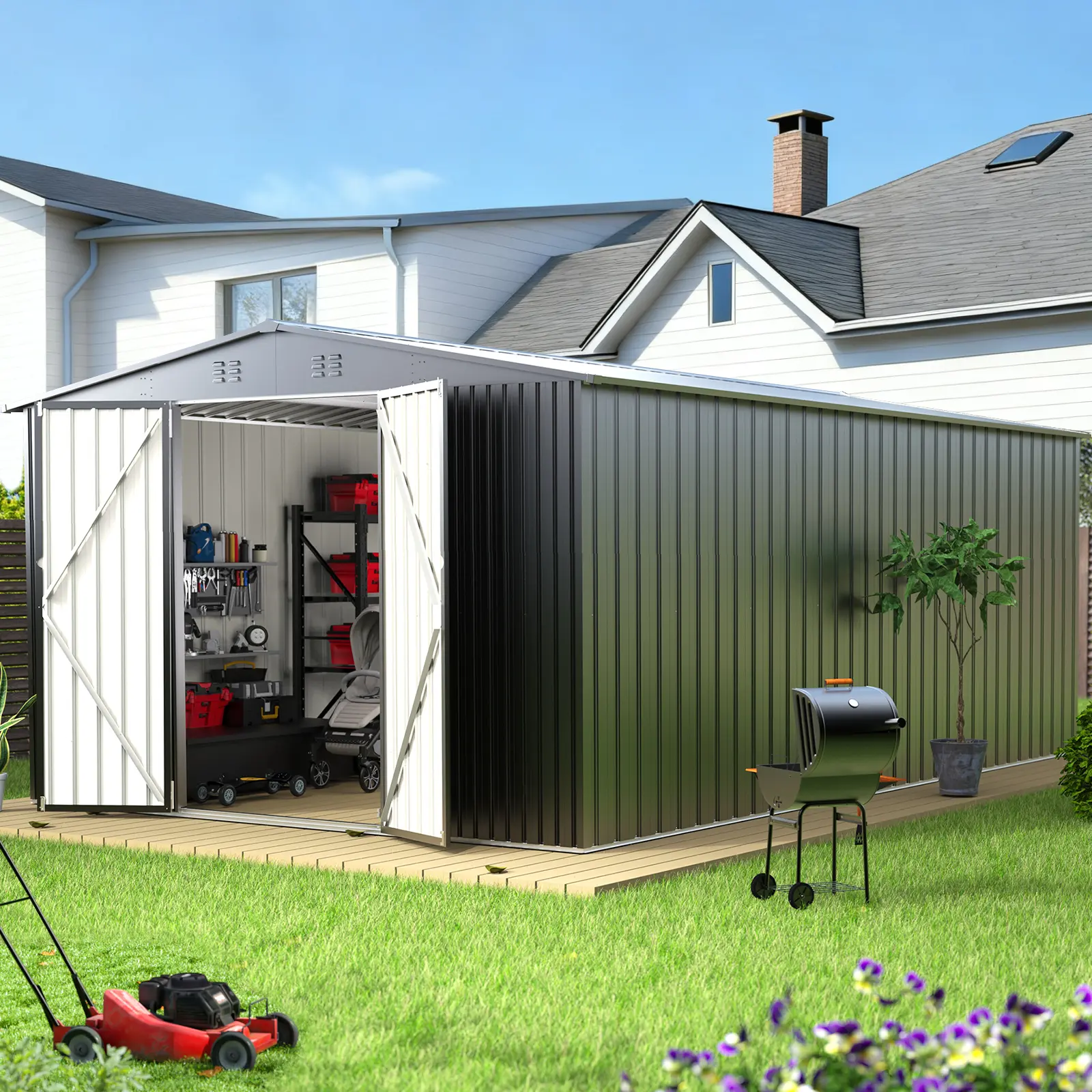 10x14 Outdoor Storage Shed, Garden Shed with Updated Frame Structure and Lockable Doors, Metal Tool Sheds for Backyard Garden Patio Lawn double, Durable Garden Shed, Steel Garden Shed