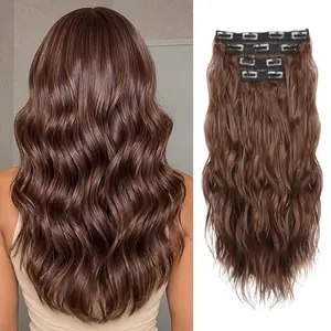Chocolate Brown Hair Extensions, 20 Inches Soft Synthetic Curly Clip in Hair Extensions 4Pcs