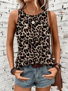 Women's Casual Soft Sleeveless Leopard Print Tank Top - Relaxed Fit Round Neck, Breathable Fabric, Machine Washable for Spring Summer Fall, Versatile Casual Wear, Seasonal Wardrobe Staple, Trendy Fashion, Lightweight Fabric, Everyday Outfit
