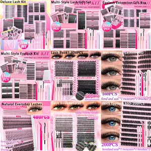 Lash Extension Clusters Kit, Mixed Length False Eyelashes, D Curl, Multiple Styles, Includes Lash Bond, Tweezers, Brush, DIY at Home, Eyelash Extension Set