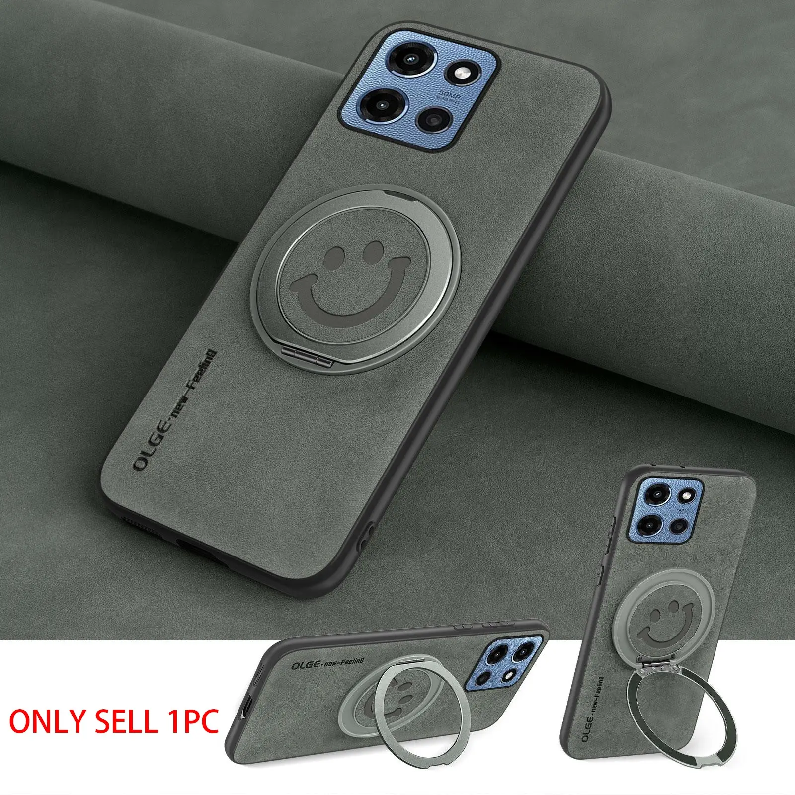 Smiley, 360° Spin Stand, Rotating phone holder, with Integrated Magnetic Kickstand for MOTO G Power 2025 /G 2025 /G 5G 2024/G Play 2024 5G, faux leather Case for G 2025 Phone Case, Fit for MagSafe and Car Holder, Smartphone Holder Stand