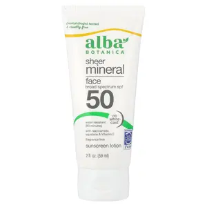 Alba Botanica Sheer Mineral Face Sunscreen Lotion, SPF 50, Fragrance Free, 2 fl oz (59 ml)