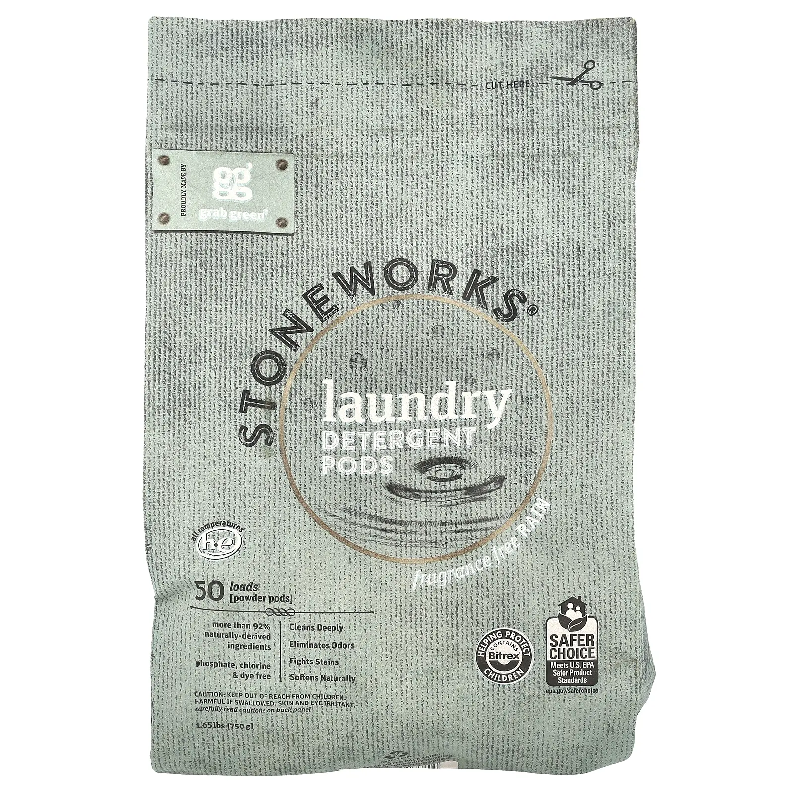 Grab Green Stoneworks®, Laundry Detergent Pods, Fragrance Free, Rain, 50 Loads, 1.65 lbs (750 g)