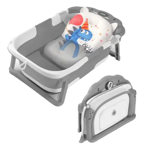 High-Quality Materials PP+TPE Eco-Safe Collapsible Baby Bathtub with Swing Seat, Temperature Sensor, Soft Floating Cushion, Easy-Pull Rubber Drain Plug, Portable Dinosaur Bathroom Tub for 0-36 Months Newborns to Toddlers (Crab Gray)