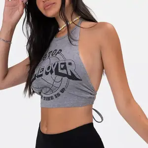 Sexy Printed Tank Top with Neck Strap and Open Back