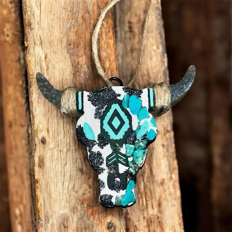Handmade Turquoise Stone & Cow Print Aztec Bull Car Freshie Air Freshener for Lockers Closets Cars and More