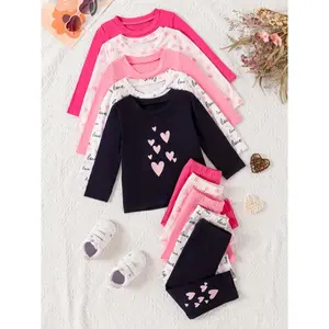 10-Piece Polyester Knit Girls' Apparel Set - Comfortable Pullover Outfit with Spandex, Elasticity Fit, Cute Heart & Alphabet Print Long Sleeve Tops and Pants Toddlers, Outdoor