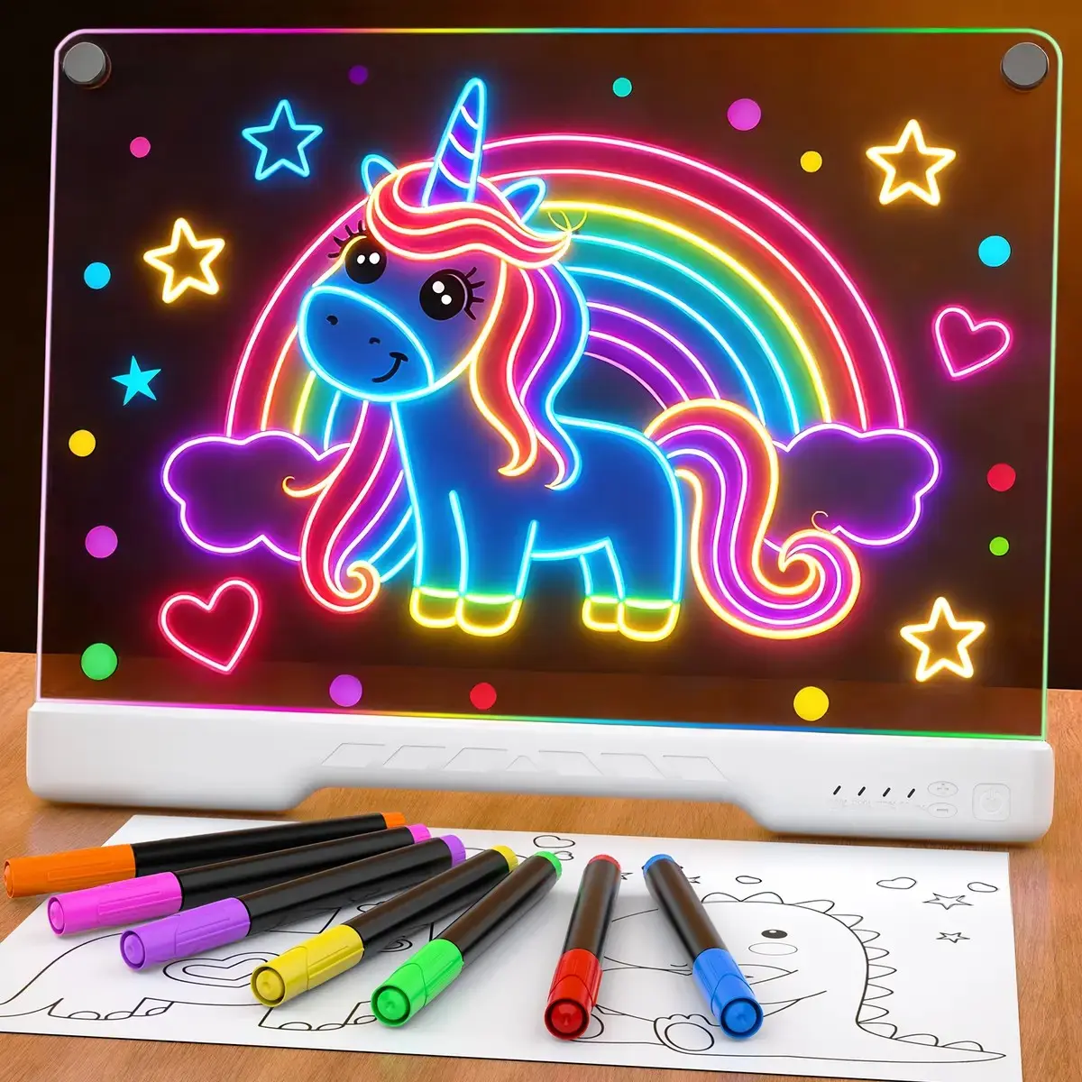 16" Acrylic LED Light-Up Drawing Board with Stand, Markers & Wipes, Dry Erase Erasable Reusable Board for Kids Learning, Ideal Birthday Gift for Kids
