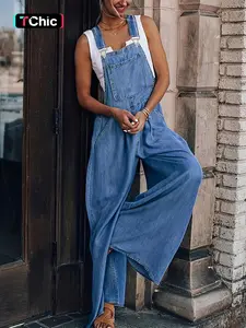 Women's Denim-Effect Pleated Wide-Leg Overalls, Chic Casual Basic Square-Neck Style with Pockets for Daily and Outdoor Wear, Ladies' Clothes for All Seasons, Womenswear
