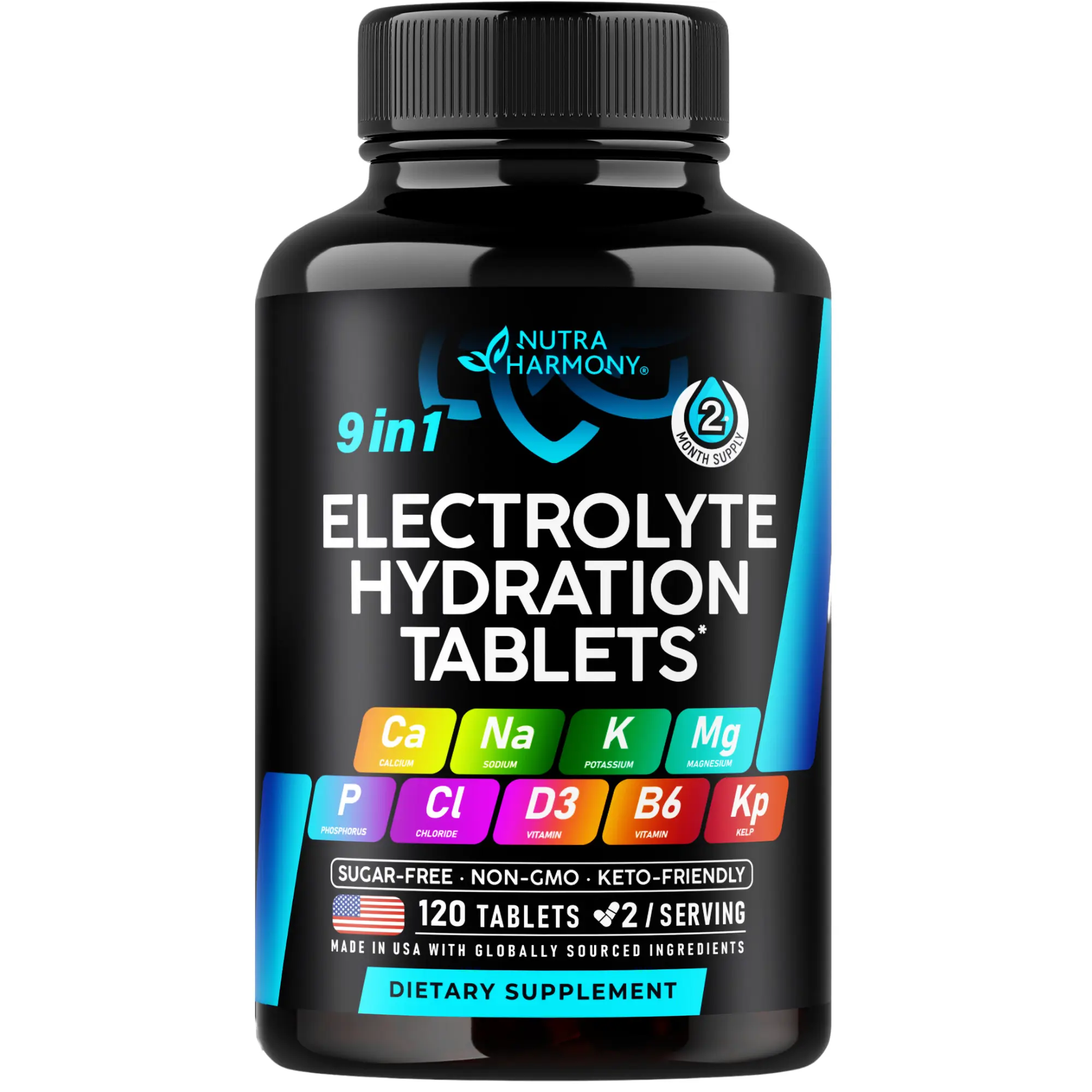 Electrolyte Tablets with Magnesium, Sodium, Potassium, Chloride, Vitamins D3 & B6, Kelp Powder - Salt Pills - Made in USA - Vegan & Keto Friendly - 120 Tabs