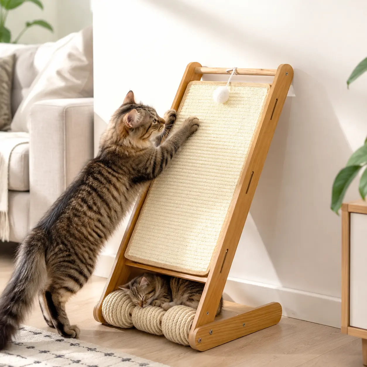 3-in-1 Freestanding Adjustable Wooden Sisal Ramp Cat Scratching Board, with Massage Roller, Hanging Plush Ball Toy - Pet Furniture Protection for Indoor Cats (Adults & Kittens)