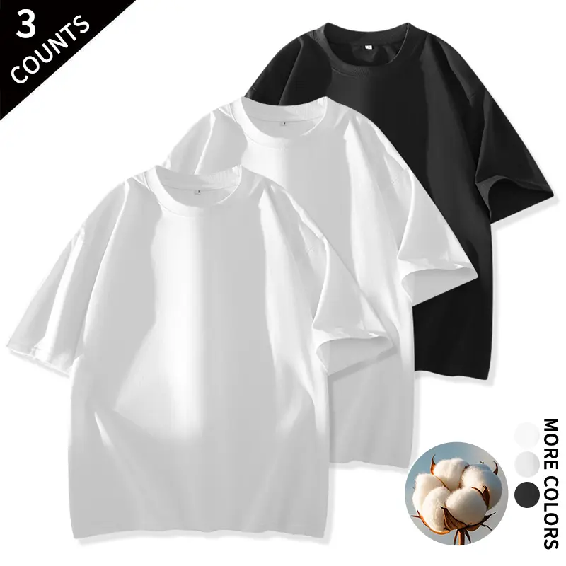 Men's Pure Cotton Oversized Round Neck Short Sleeve T-Shirts (3 Packs) - Breathable, Minimalist Menswear, Loose Casual Basic Tops for Summer Daily Commuting, Street Loungewear