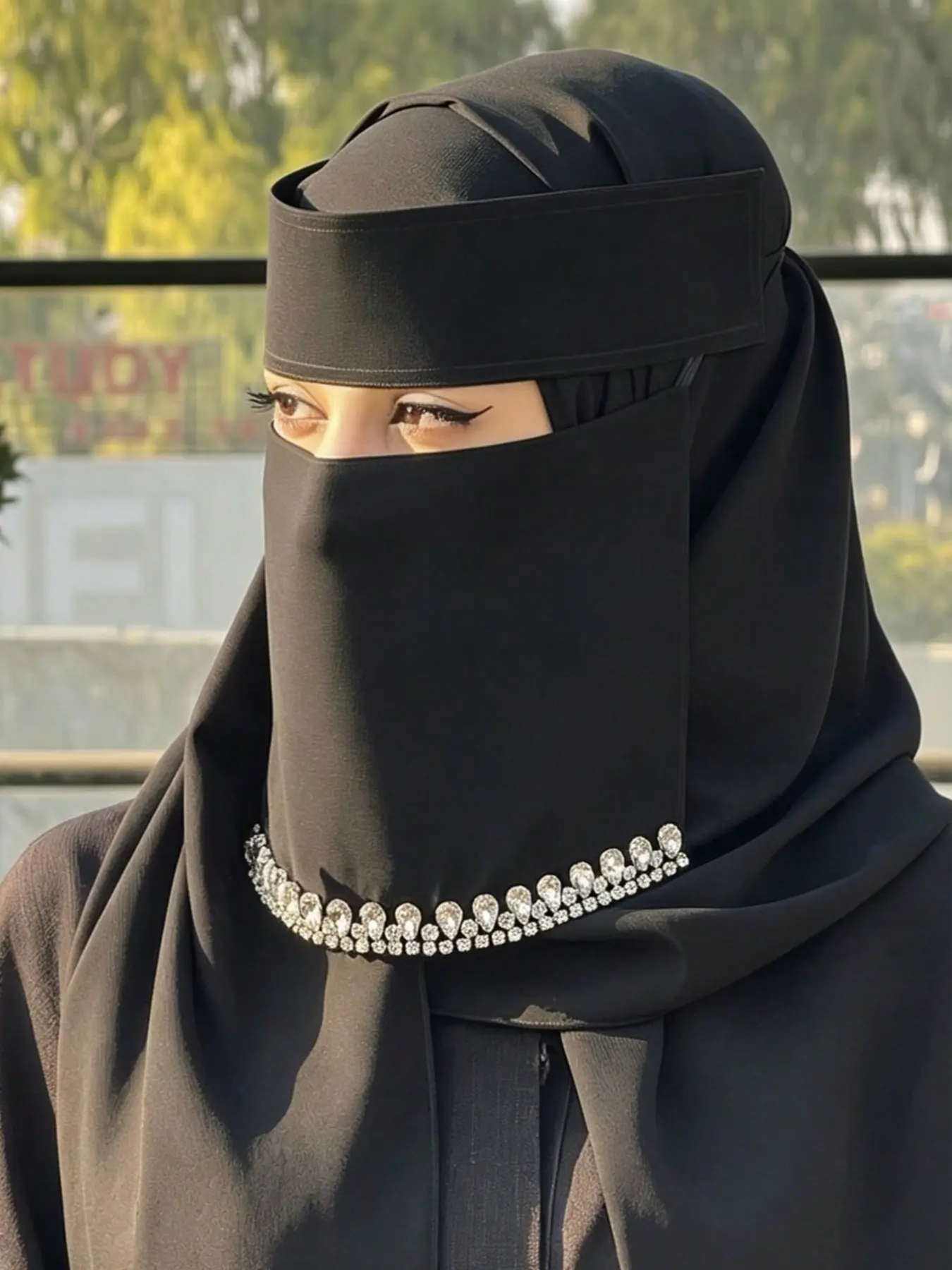 Women's Fashion Casual Plain Rhinestone Tie-On Mask, Soft Breathable Single Layer Silk Veil, Niqab, Islamic Khimar, Abaya Companion, For Muslim, All Seasons