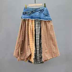 Buckle up Patch Werk Skirt - Denim Top with Plaid Bottoms Skirt Vintage Womenswear