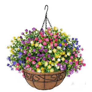 Artificial Hanging Flowers Basket for Patio Garden Porch Deck Spring Summer Decoration, artificial hanging baskets, Artificial Daisy Arrangement,Fake Plants in Fack Coconut Lining Basket for Outdoor/Indoor