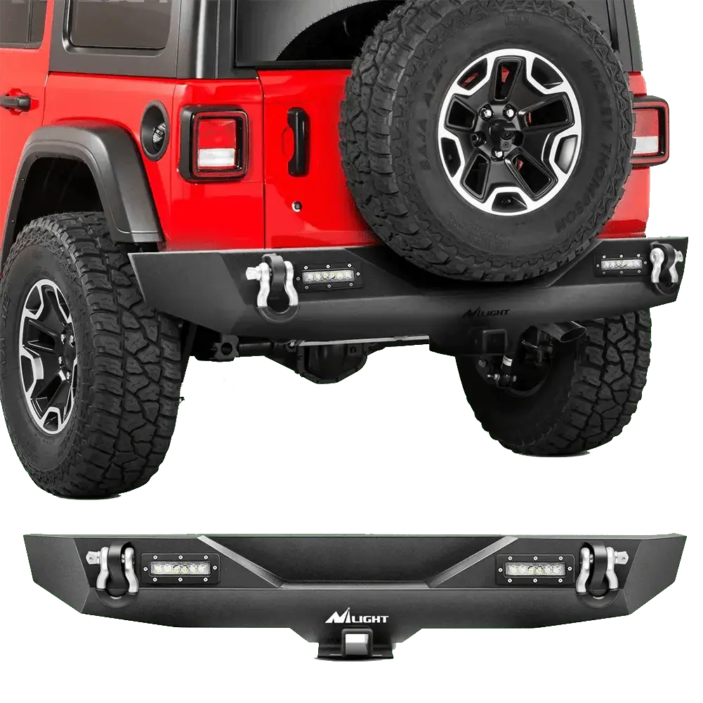 Nilight Textured Black Rock Crawler Rear Bumper Protector for 2018-2023 Jeep Wrangler JL, Car Protector with 2 Hitch Receivers, 2 Upgraded 18W LED Lights, 2pcs 4.75ton D-Ring Isolators, Attractive Upgrade Accommodates Up to 37in Tire, Cars Accessories, Co