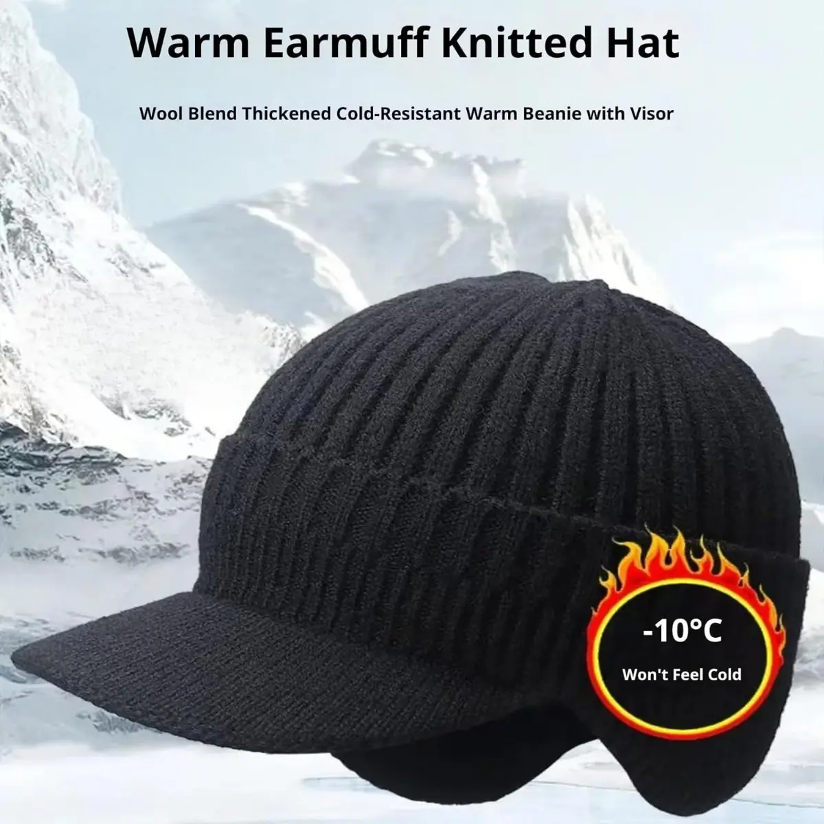 Men's Thickened Wool Knit Fleece-Lined Winter Beanie with Ear Flaps - Cold Weather Warm Skull Cap for Skiing, Outdoor Hiking, Cold-Resistant, Heat Insulating