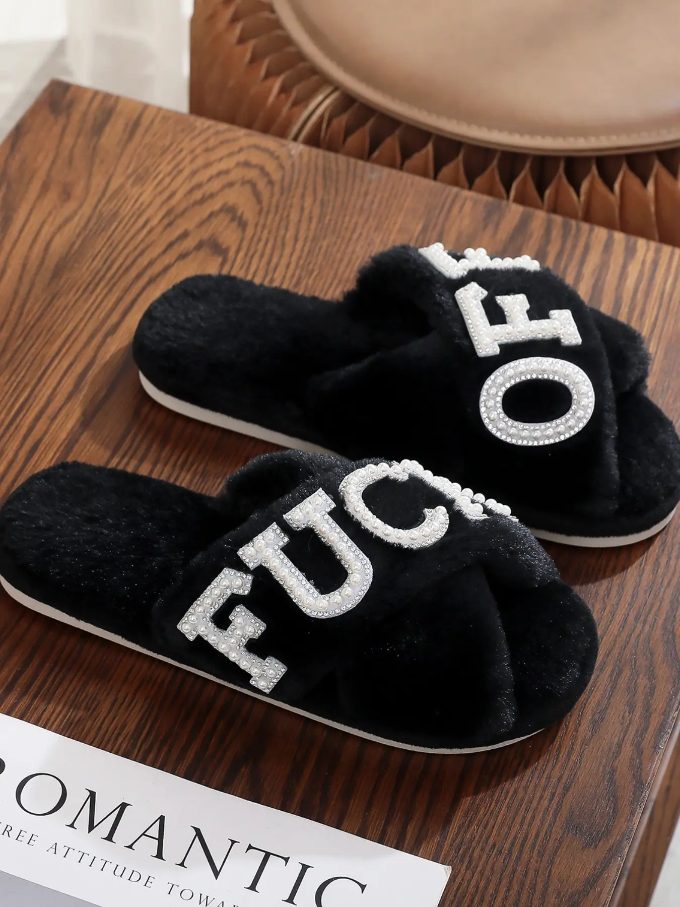 Pearl Drilled Letter off Women's Plush Slippers, Indoor Home Slippers, Comfortable Cross Strap Design, Memory Foam, Perfect Home Gift for Wife