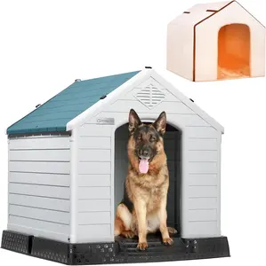 LEMBERI Durable Waterproof Plastic Dog House for Small to Large Sized Dogs, Indoor Outdoor Doghouse Insulated Puppy Shelter with Elevated Floor, Easy to Assemble
