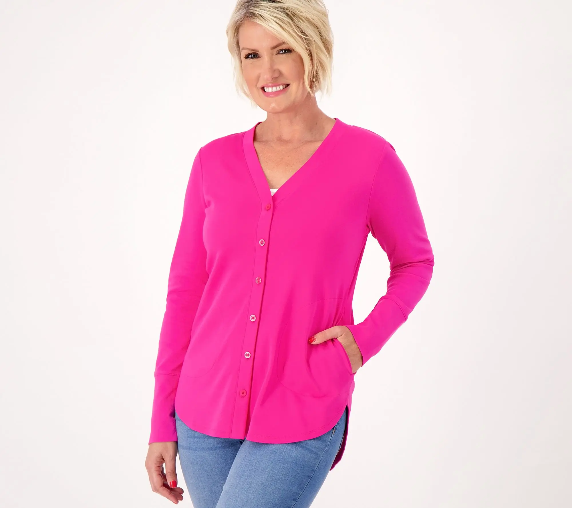 Isaac Mizrahi Live  Petite Essentials Pima Cotton Button Front Cardigan