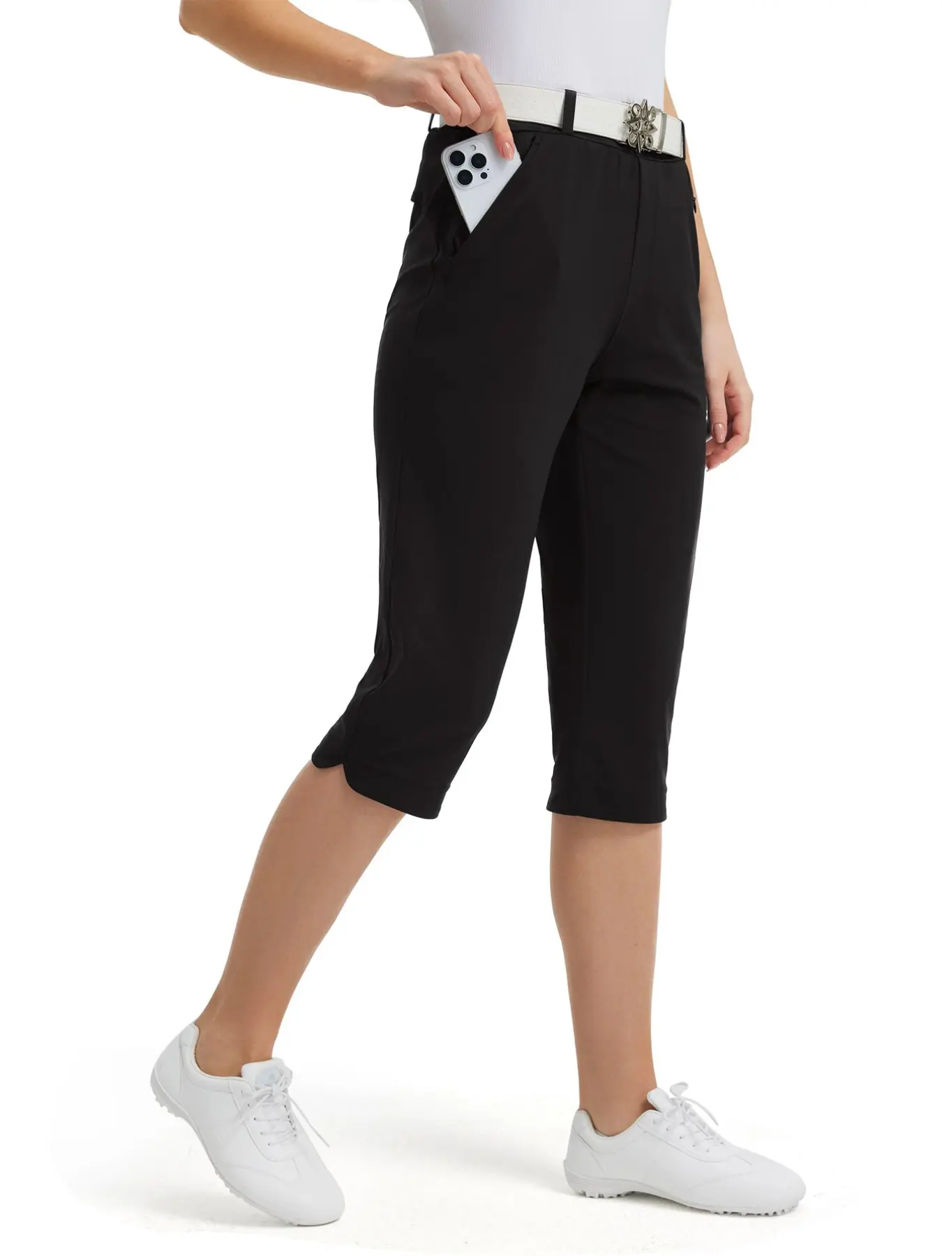 Women's Golf Capri Pants, 18 Inch Elastic Waist, Quick-Dry Knit, Pocket Design, Casual Tennis Workwear, Tennis Attire, Solid Color, Comfortable Fit, Athletic Bottoms