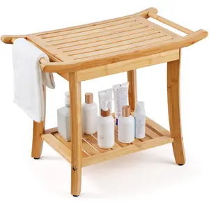 VEVOR Bamboo Shower Bench,  24 x 13.8 x 18.9 in, Waterproof Shower Stool Chair with Storage Shelf Handle, 300 lbs Load Capacity Spa Bath Seat Organizer, for Adults Seniors Women Elderly Indoor Outdoor