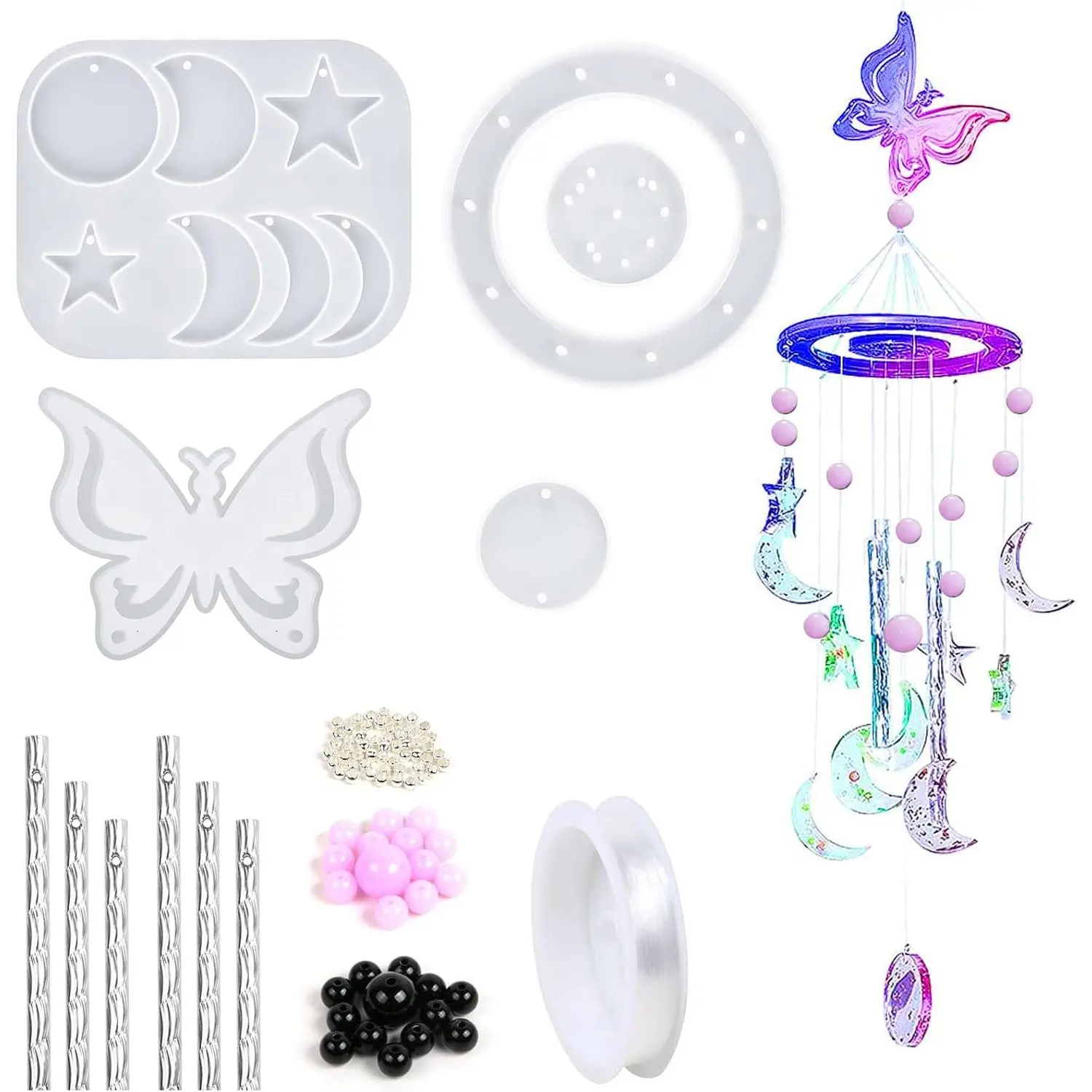 88-Pcs Butterfly Silicone Resin Molds Kit - 5 Molds, 24 Small Decorative Beads for Handmade Crafts, Wind Chimes Casting, Whimsical Home Decor, DIY Projects, Birthday/Thanksgiving/Mother's Day Supplies, Silicone Molds For Crafts