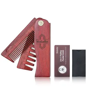 2 In 1 Folding Pocket Comb - Wooden Beard & Hair Styling Tool for Men, Fine Tooth & Wide Tooth Small Comb for Grooming Hair, Beards and Mustache, 180° Rotatable for Outdoor Travel & Home Use