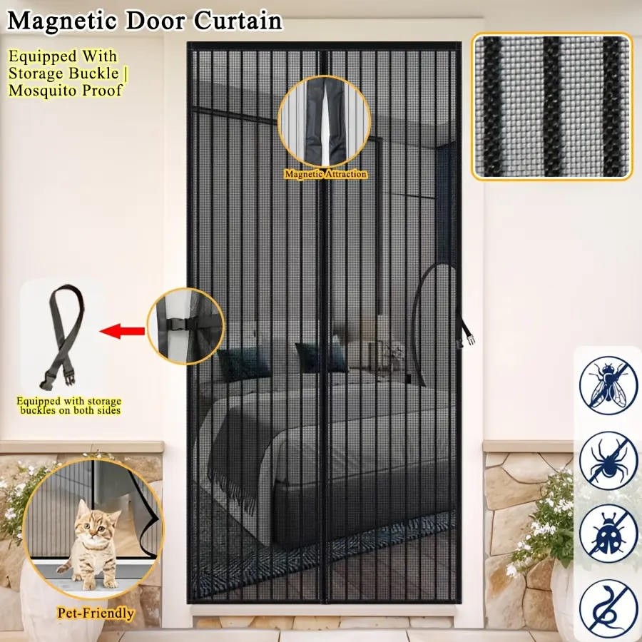 Black diamond gauze material mosquito door curtain with magnetic suction, storage buckle design on both sides