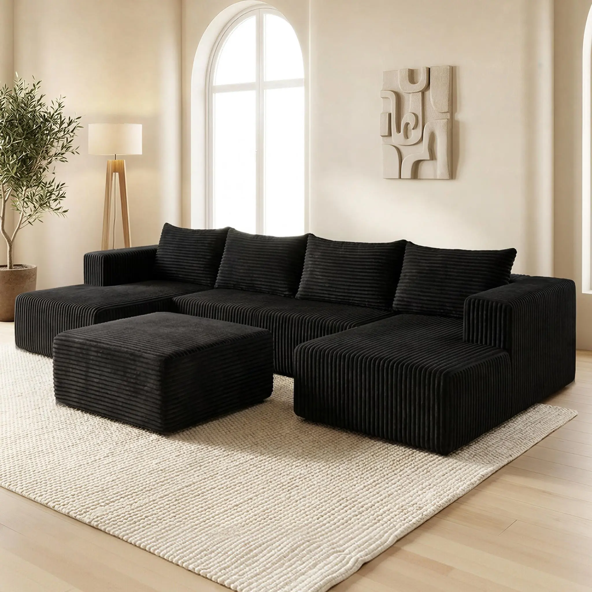 QIMENG Modular Boneless Sectional U-Shape Sectional Sofa Sets - 133" Corduroy Velvet Modular Double Chaise Boneless Couch, Memory Foam, Fixed Arms, Multi-Seat, Space-Saving for Indoor Living Rooms, No Assembly, 2-Package Shipping