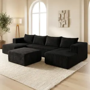 QIMENG Modular Boneless Sectional U-Shape Sectional Sofa Sets - 133" Corduroy Velvet Modular Double Chaise Boneless Couch, Memory Foam, Fixed Arms, Multi-Seat, Space-Saving for Indoor Living Rooms, No Assembly, 3-Package Shipping