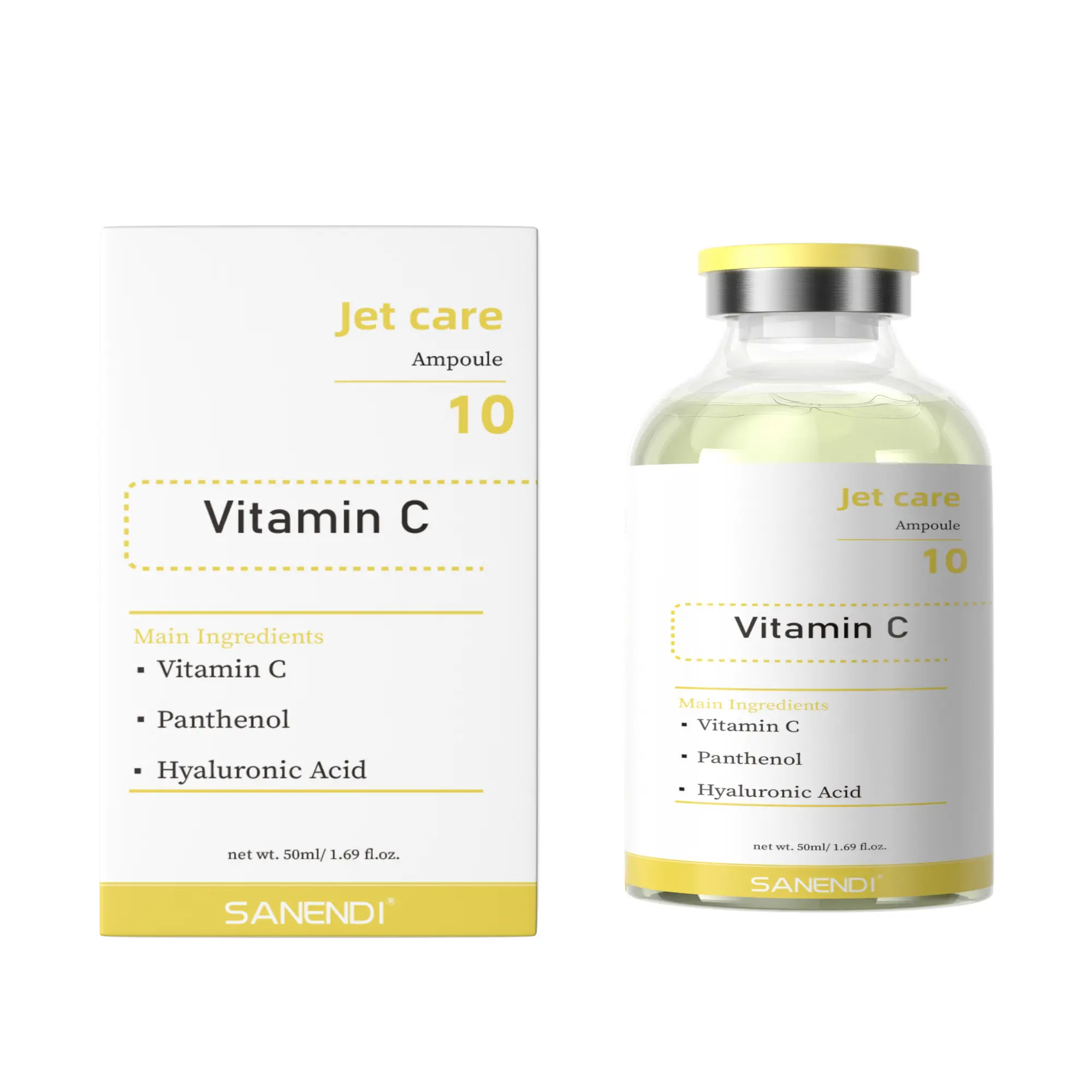 SANENDI Jet Care 10 Vitamin C Ampoule Serum, Brightening Antioxidant Booster with Hyaluronic Acid & Panthenol, Daily Mild Calming Moisturizer for Dull Discolored Skin - Lightweight UV Repair Professional Glass Ampoule, 50ml