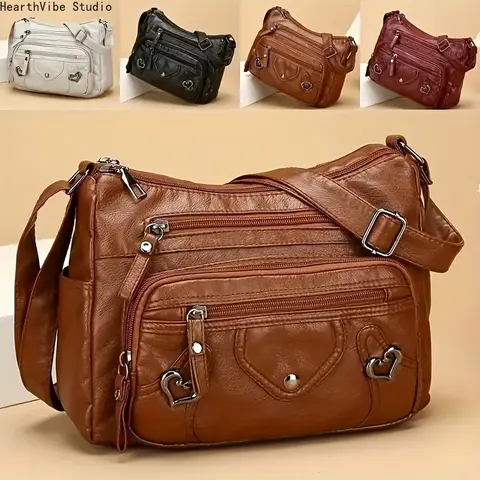 Women's Retro Plain Synthetic Leather Crossbody Purse - Adjustable Strap, Multi-Compartment Zip Casual Shoulder Bag, Multi-Pocket Handbag for Camping, Hiking (Sports & Outdoor Hammock Accessory)