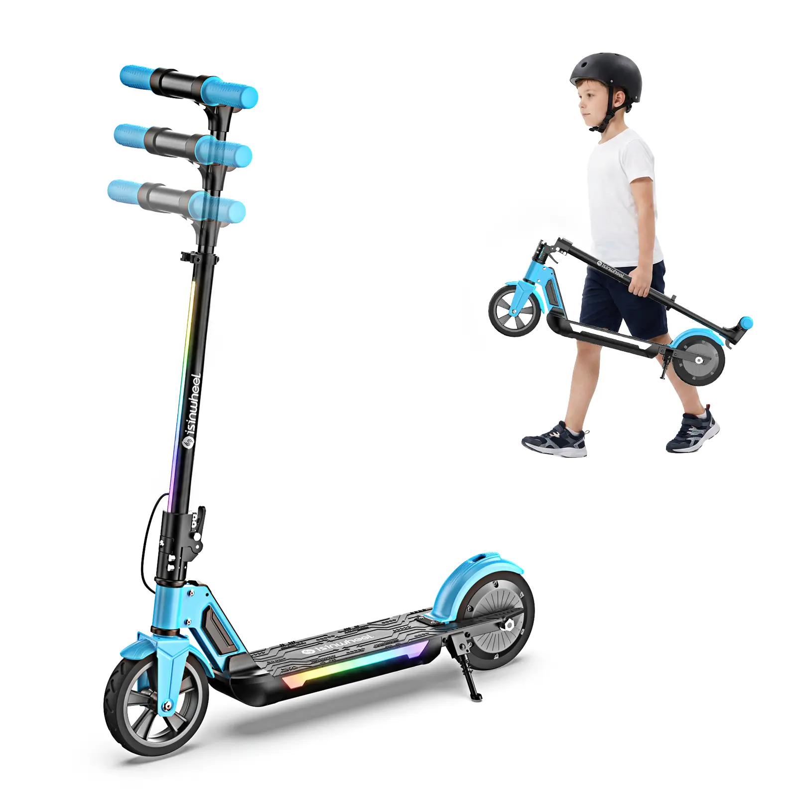 【RGB LED Light】isinwheel Kids Foldable Electric Scooter, 3 Adjustable Height Youth E Scooter, 12 MPH Max Speed 10 Miles Long Range, Dual EABS & Foot Brake, Colorful LED Lights & Bluetooth Speaker, Lightweight Ride On Toy Gift for Boys Girls Ages 6+