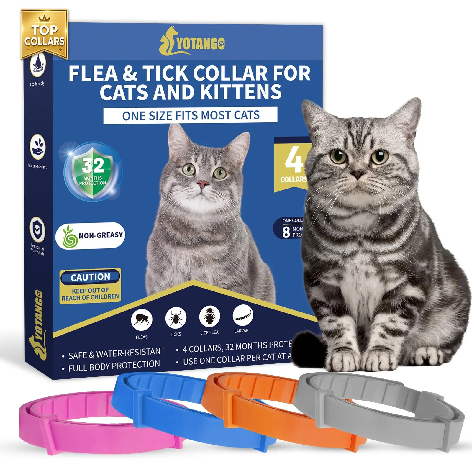 4 Pack Flea Collar for Cats, 32 Months Flea and Tick Prevention for Cat, Waterproof Cat Flea Collar, Natural Flea Treatment, Adjustable Fleas and Ticks Collars for Cats Kittens(4 Colors)