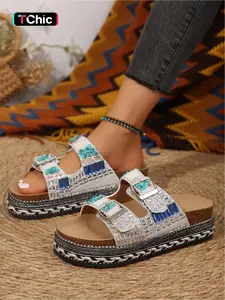 Women's new summer fashion round-toe open-toe double-buckle sandals with sparkling rhinestone decoration, thick-soled, simple and comfortable for daily commuting and shopping, wedge-heeled thick-soled sandals