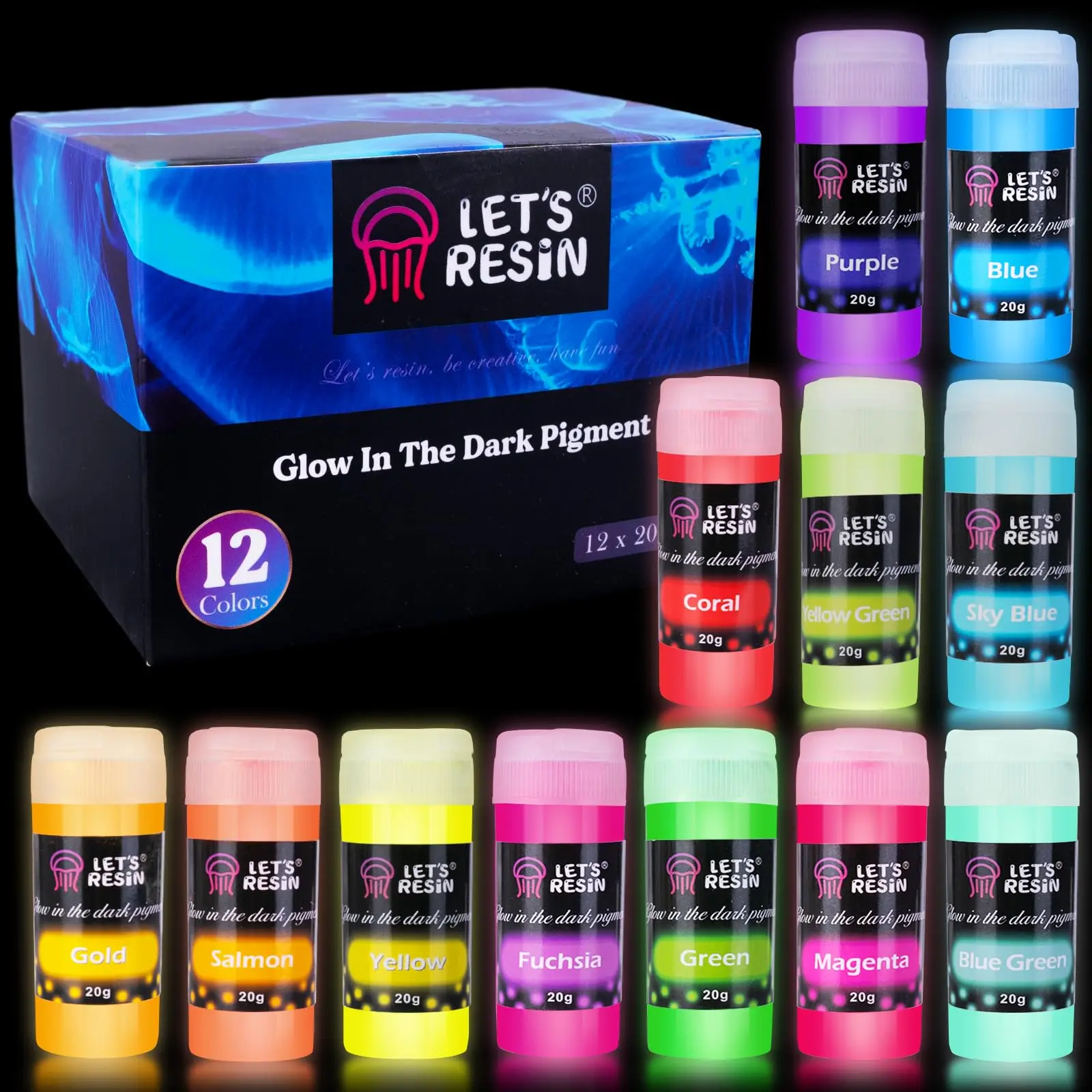 LET'S RESIN 12-Color Glow in The Dark Pigment Powder - 20g/0.7oz Each Bottle Epoxy Resin Luminous Pigments Long Lasting for Slime, Nails, Acrylic Paint, Halloween Decoration, Art, Crafts
